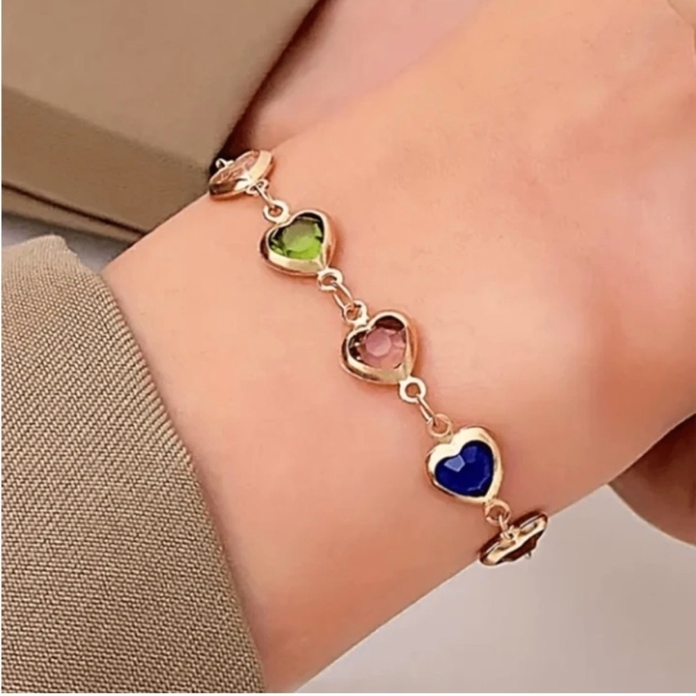 Love Heart Multicolor Gold Bracelet with Colorful Gems, NWOT